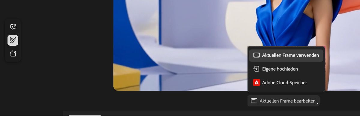 : Das Dropdown-Menü „Frame bearbeiten“ für „Video generieren“ in Firefly zeigt Optionen zum Verwenden des aktuellen Frames, Hochladen eines eigenen oder Zugriff auf den Cloud-Speicherplatz von Adobe.