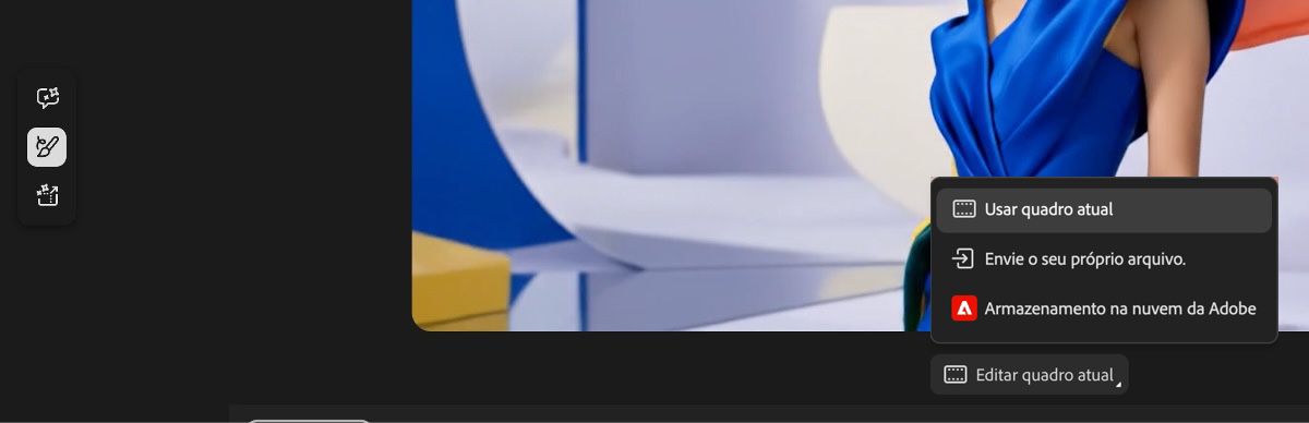 : O menu suspenso Editar quadro no Gerar vídeo do Firefly, exibindo as opções Usar quadro atual, Carregar o seu próprio ou Acessar o Armazenamento na nuvem da Adobe.