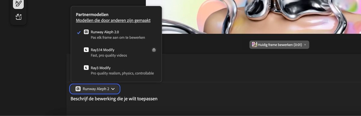 De vervolgkeuzelijst voor partnermodellen in Firefly Video genereren met drie opties: Runway Aleph 2, Ray3.14 Modify en Ray3 Modify, waarbij Runway Aleph 2 is geselecteerd en de indicator Huidig frame bewerken actief is.