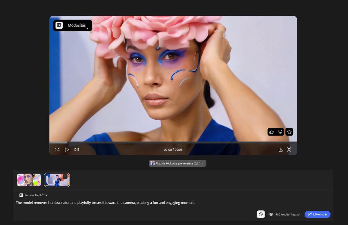 A Firefly Videó létrehozása eredményoldal, amely egy létrehozott videót mutat a lejátszóban vezérlőkkel, alatta két videóindexképpel, a Runway Aleph 2 model ki van választva, egy utasítás mezővel, egy 400 kreditet mutató kreditfelhasználás jelzővel és egy Létrehozás gombbal.
