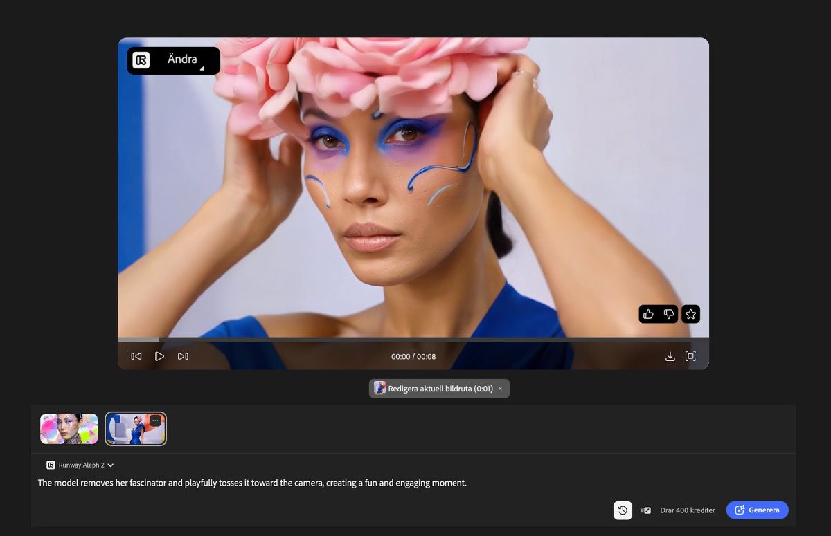 Resultatsidan för Firefly-videoredigering som visar en genererad video i spelaren med uppspelningskontroller, två videominiatyrer nedanför, Runway Aleph 2-modellen vald, ett promptfält, en indikator för kreditanvändning som visar 400 krediter samt knappen Generera.
