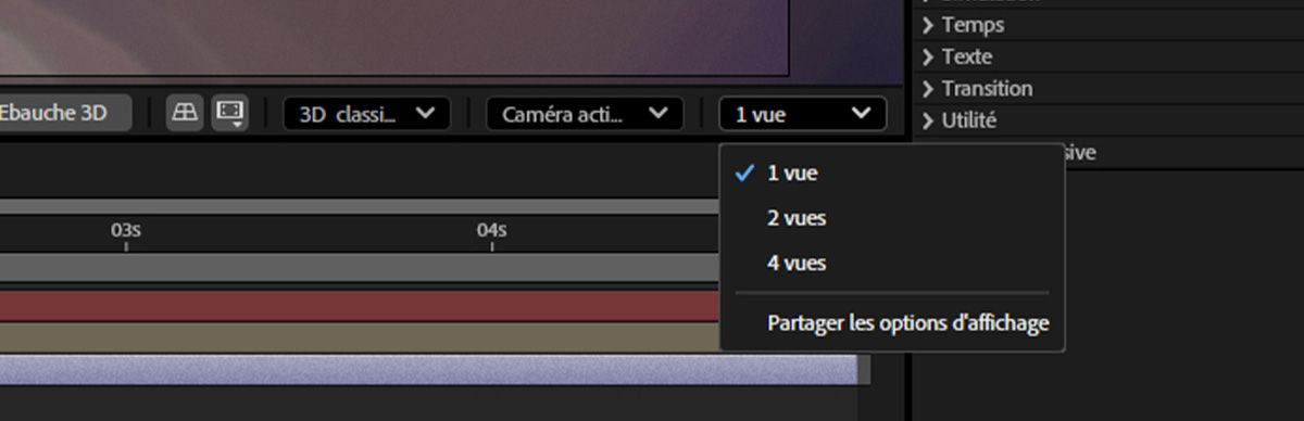 Le menu Sélectionner la disposition des vues en bas du panneau Composition s’ouvre et offre un éventail d’options de disposition des vues.