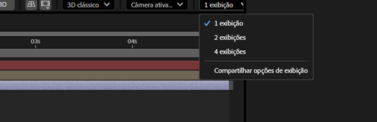 O menu Selecionar layout de exibição na parte inferior do painel Composição aberto, oferecendo uma variedade de opções de layout de exibição para você escolher.