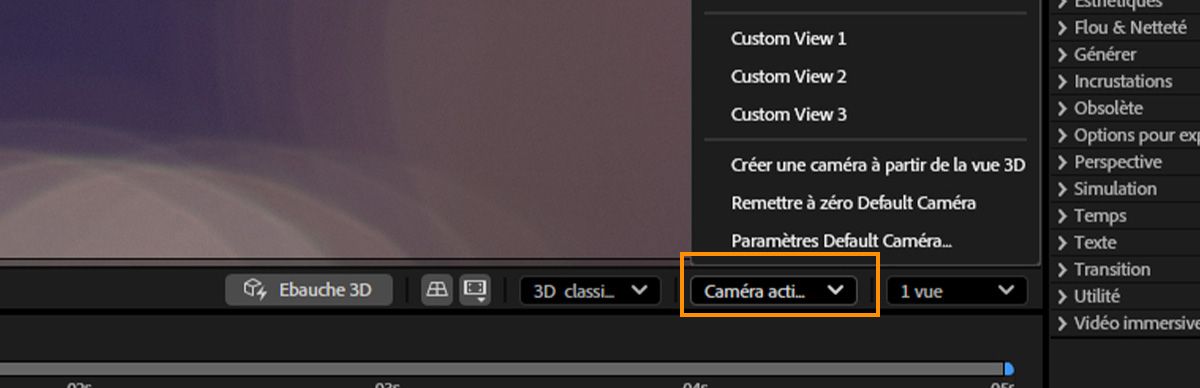 Le menu Vue 3D s’ouvre et offre divers paramètres prédéfinis et options de visualisation personnalisées parmi lesquels choisir.