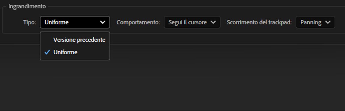 La finestra di dialogo Preferenze è aperta.Nella scheda Anteprima, nella sezione Ingrandimento, l’opzione Uniforma è evidenziata per l’impostazione Tipo.