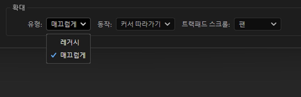 환경 설정 대화 상자가 열려 있습니다. 미리 보기 탭의 확대 섹션에서 유형 설정의 매끄럽게 옵션이 강조 표시됩니다.