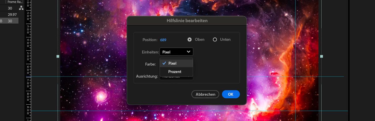 Das Dialogfenster „Hilfslinie bearbeiten“ ist geöffnet und das Dropdown-Menü „Einheiten“ ist geöffnet, mit Optionen zur Auswahl von Pixels oder Prozent.