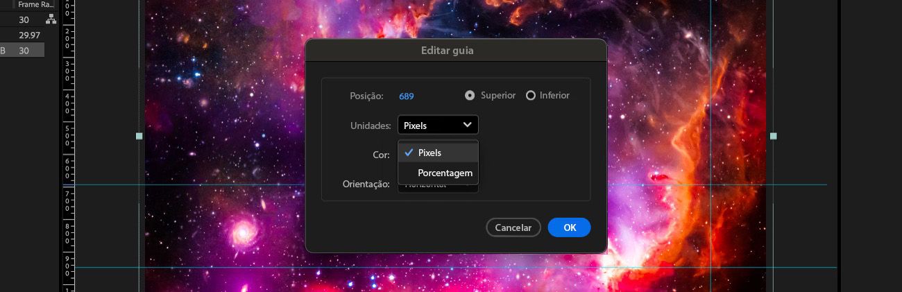 A caixa de diálogo Editar Guia está aberta, e o menu suspenso Unidades está aberto, com as opções para selecionar Pixels ou Porcentagem.