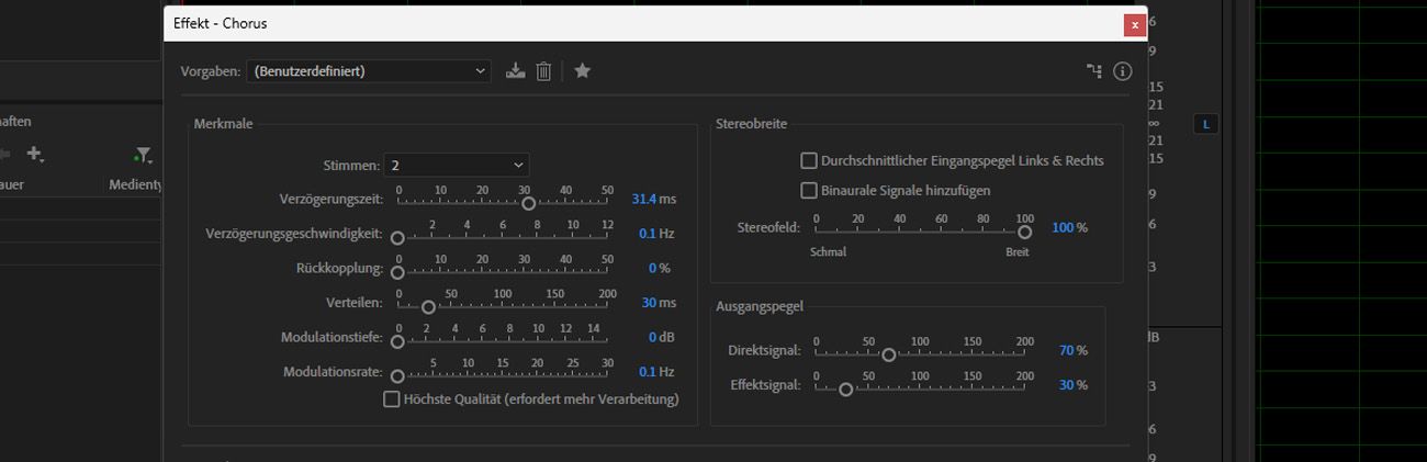 Das Chorus-Dialogfeld ist geöffnet, und Optionen wie Voices, Delay Time, Delay Rate und Rückmeldung stehen zur Verfügung, um den ausgewählten Clip anzupassen.