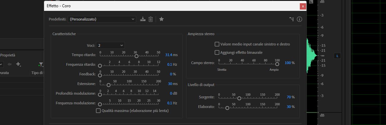 La finestra di dialogo Chorus è aperta e sono disponibili options come Voices, Delay Time, Delay Rate e Feedback per regolare la clip selezionata.