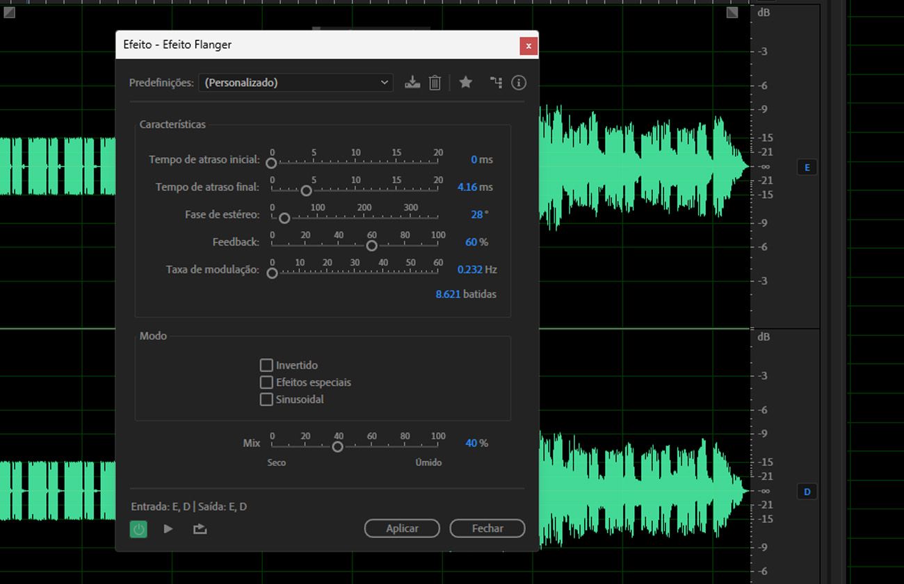 A caixa de diálogo do efeito “Flangeador” está aberta, com as seções “Características” e “Modo” para ajustar as configurações do clipe de áudio selecionado.