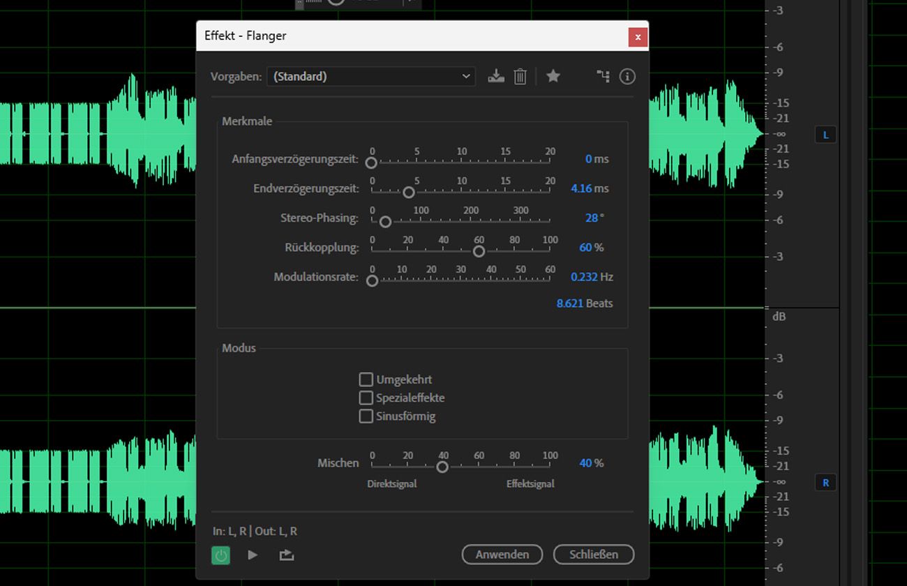 Das Flanger-Effekt-Dialogfeld ist geöffnet, mit den Bereichen Characteristics und Mode zum Anpassen der Einstellungen des ausgewählten Audio-Clips.