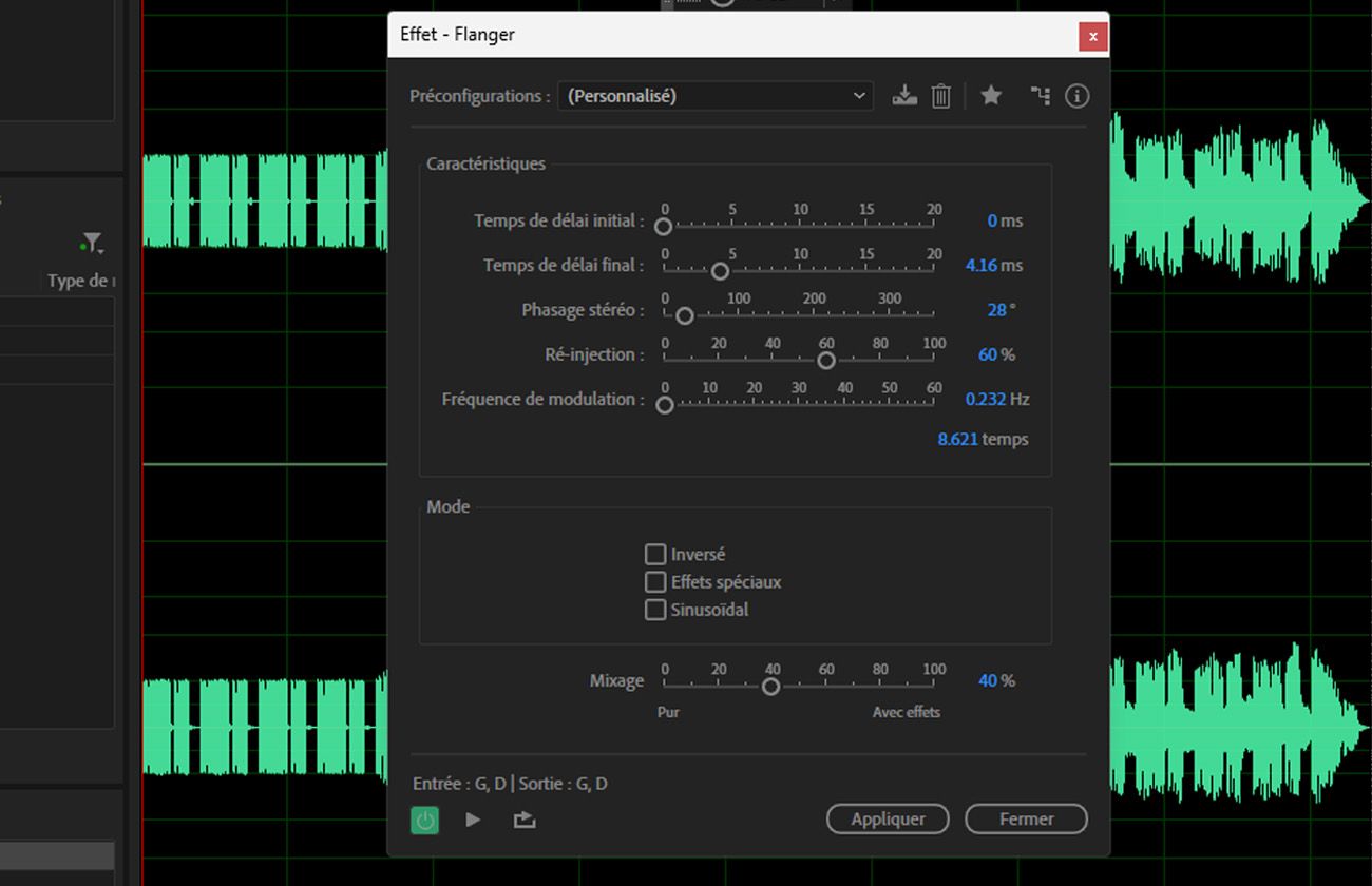 La boîte de dialogue de l'effet Arrondisseur est ouverte, avec les sections Caractéristiques et Mode pour ajuster les paramètres du clip audio sélectionné.