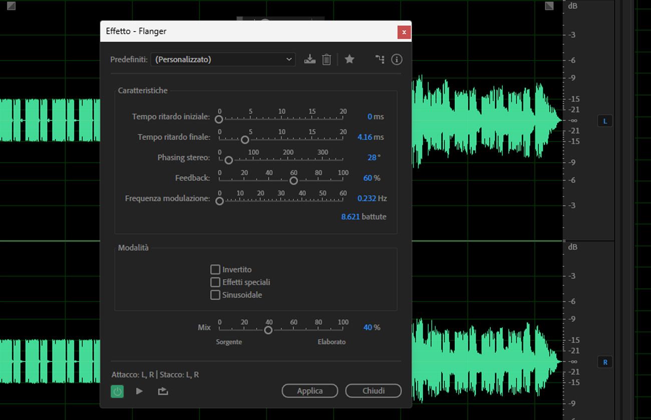 La finestra di dialogo dell'effetto Flanger è aperta, con le sezioni Caratteristiche e Modalità per regolare le Impostazioni della clip audio selezionata.