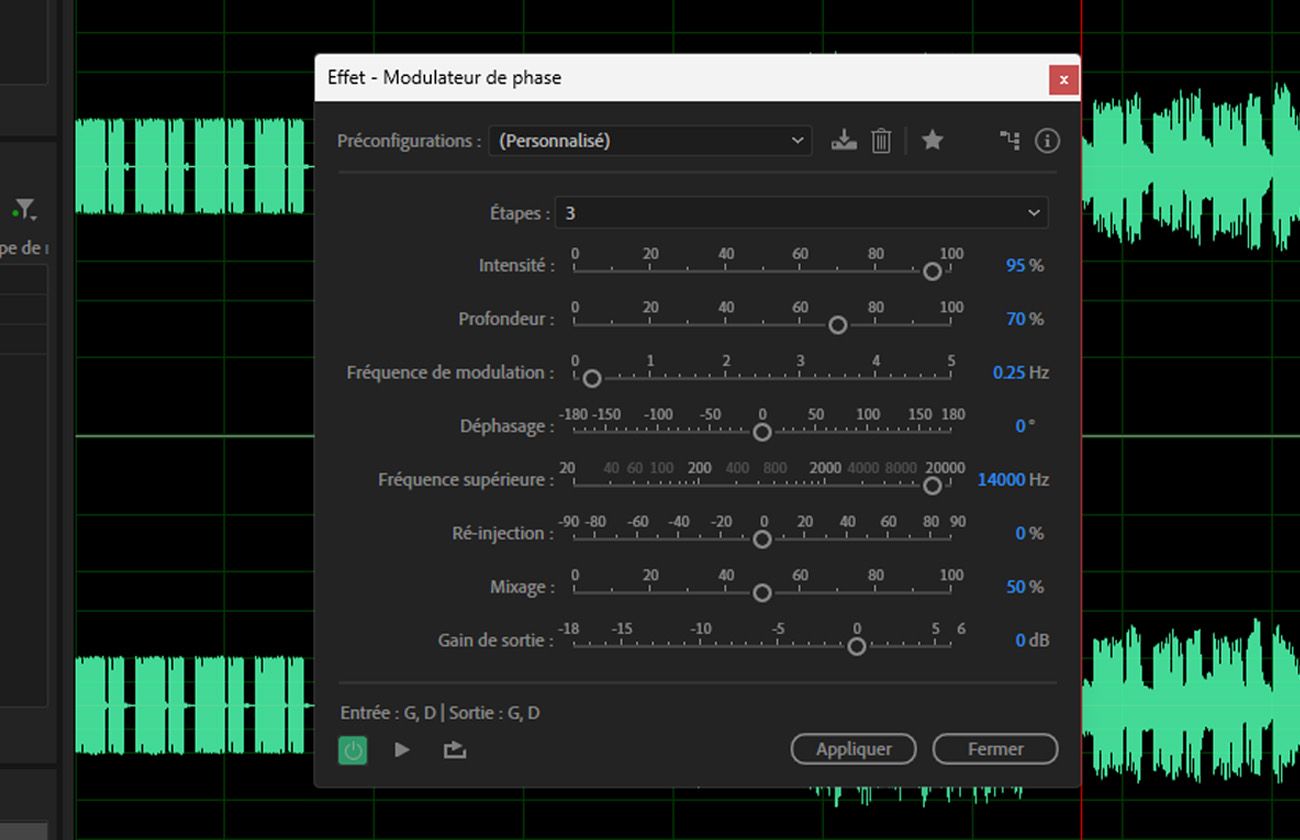 La boîte de dialogue de l'effet Phaser est ouverte, avec des paramètres comme Intensité, Profondeur, Taux de modulation, Phase Diff et plus encore pour modifier le clip audio sélectionné.