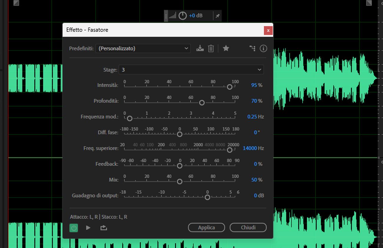 La finestra di dialogo dell'effetto Phaser è aperta, con impostazioni come Intensità, Profondità, Velocità mod, Diff fase e altro per modificare la clip audio selezionata.