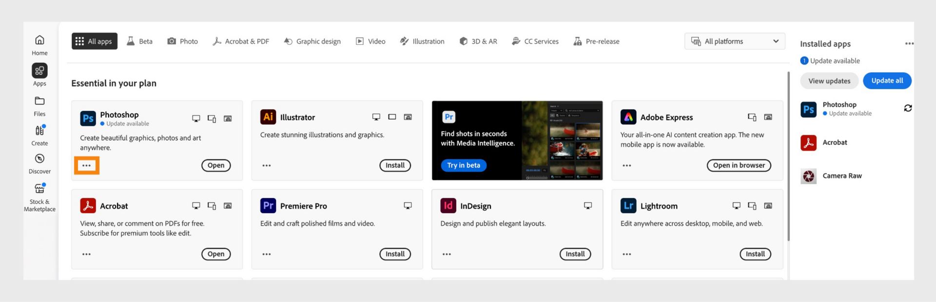 Creative Cloud 桌面應用程式的「應用程式」索引標籤顯示各種 Creative Cloud 桌面應用程式、已安裝的應用程式以及檢視更新的選項。