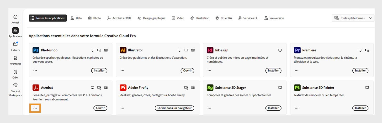 L’onglet Toutes les applications affichant toutes les applications Creative Cloud avec le bouton à trois points pour chaque application. 