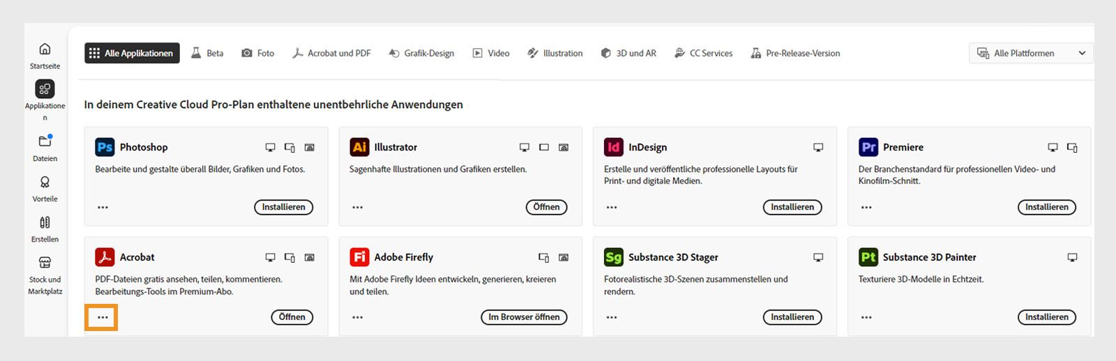 Auf der Registerkarte „Alle Applikationen“ wird für jede Creative Cloud-Applikation eine Schaltfläche mit drei Punkten angezeigt.
