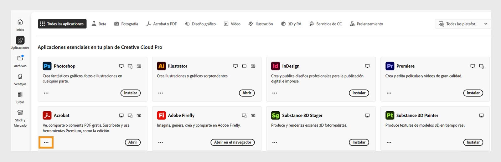 Fila Toate aplicațiile, care arată toate aplicațiile Creative Cloud cu butonul cu trei puncte pentru fiecare aplicație. 