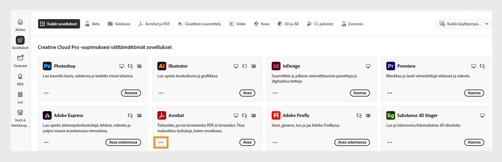 Kaikki sovellukset ‑välilehti, jossa näkyvät kaikki Creative Cloud ‑sovellukset, ja kunkin sovelluksen kohdalla on kolmen pisteen painike.