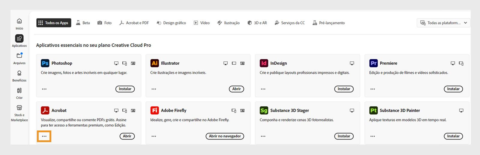 A guia Todos os aplicativos mostrando todos os aplicativos da Creative Cloud com o botão de três pontos para cada aplicativo. 
