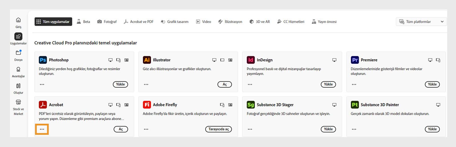 Her uygulama için üç nokta düğmesiyle tüm Creative Cloud uygulamalarının gösterildiği Tüm uygulamalar sekmesi. 