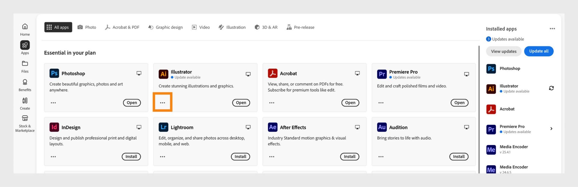 הכרטיסייה All apps המציגה את כל היישומים של Creative Cloud עם לחצן שלוש הנקודות לכל יישום.