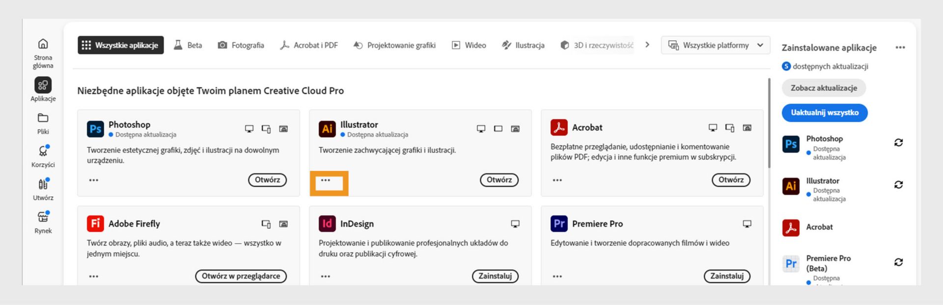Karta Wszystkie aplikacje z widocznymi wszystkimi aplikacjami Creative Cloud i przyciskiem z trzema kropkami przy każdej aplikacji.