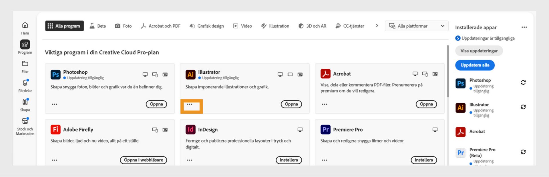 Fliken Alla program med alla Creative Cloud-appar och knappen med tre punkter för varje app.