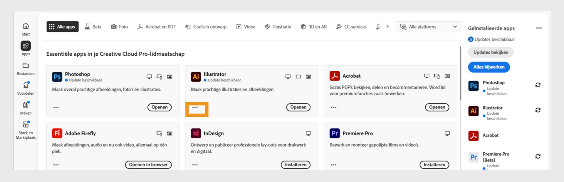 Het tabblad Alle apps met alle Creative Cloud-apps en de knop met drie puntjes voor elke app.