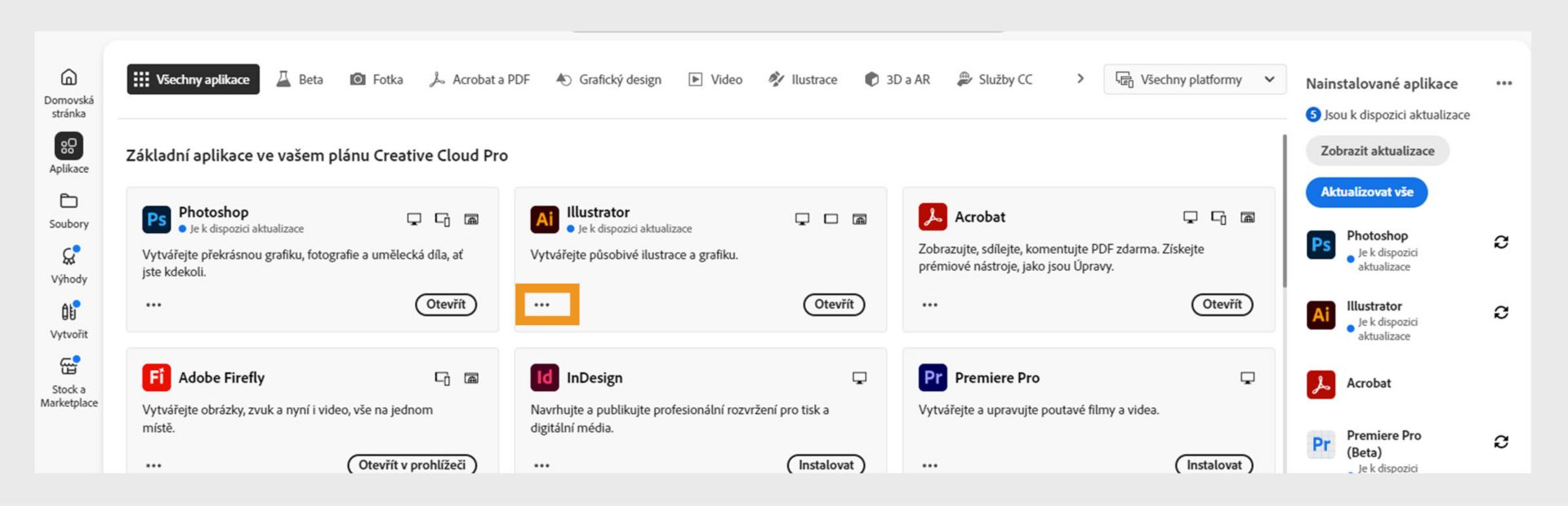 Karta Všechny aplikace zobrazující všechny aplikace Creative Cloud s tlačítkem se třemi tečkami pro každou aplikaci.