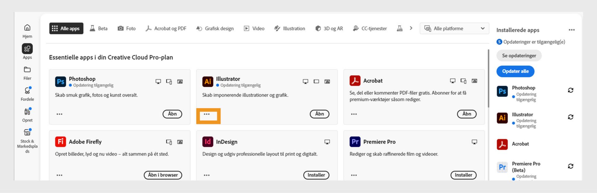 Fanen Alle apps, der vises alle Creative Cloud-apps med knappen med de tre prikker for hver app.