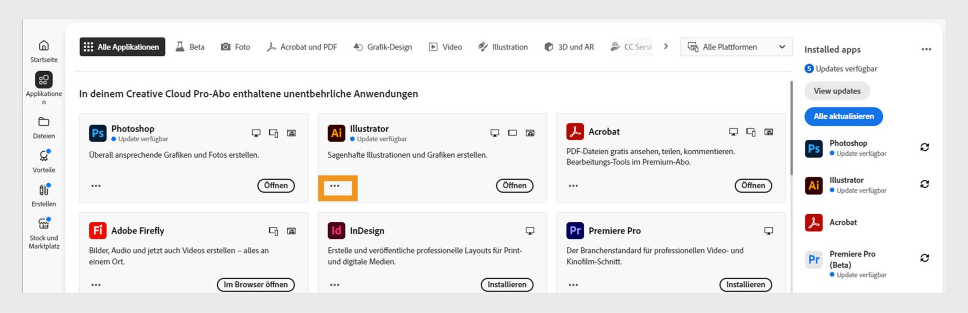 Auf der Registerkarte „Alle Applikationen“ wird für jede Creative Cloud-Applikation eine Schaltfläche mit drei Punkten angezeigt.