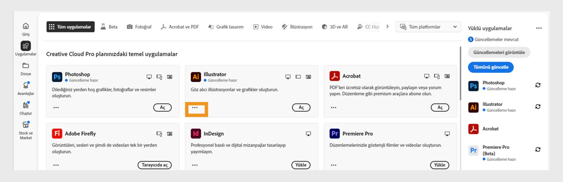 Her uygulama için üç nokta düğmesiyle tüm Creative Cloud uygulamalarının gösterildiği Tüm uygulamalar sekmesi.