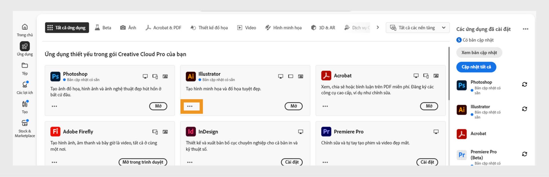 Tab Tất cả ứng dụng hiển thị tất cả ứng dụng Creative Cloud với nút ba dấu chấm cho mỗi ứng dụng.