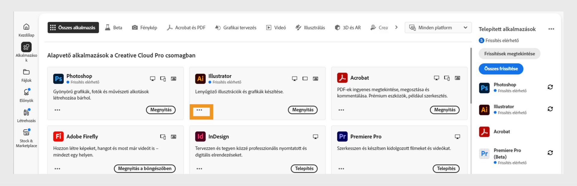 Az Összes alkalmazás lapon az összes Creative Cloud alkalmazás látható, az egyes alkalmazásokhoz tartozó három pont gombbal.