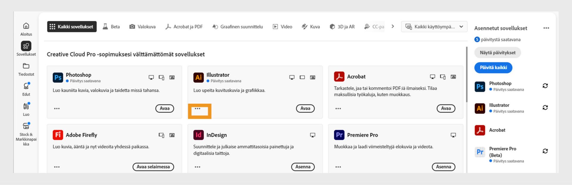 Kaikki sovellukset ‑välilehti, jossa näkyvät kaikki Creative Cloud ‑sovellukset, ja kunkin sovelluksen kohdalla on kolmen pisteen painike.