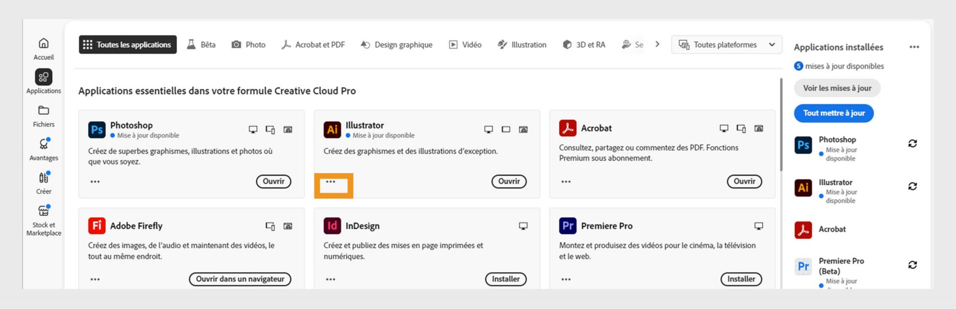 L’onglet Toutes les applications affichant toutes les applications Creative Cloud avec le bouton à trois points pour chaque application.
