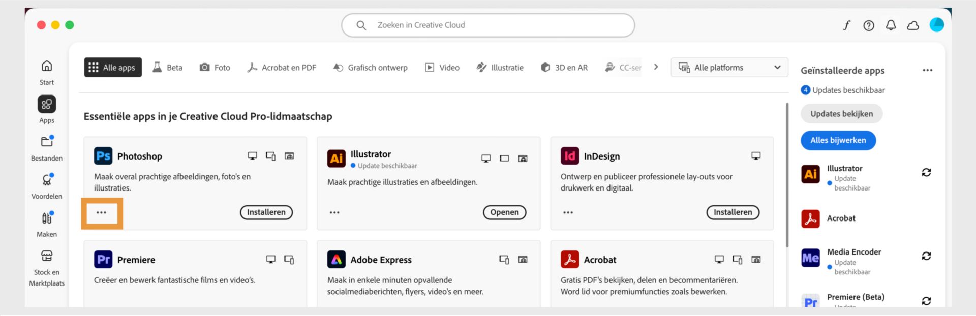 Het tabblad Alle apps met alle Creative Cloud-apps en de knop met drie puntjes voor elke app. 