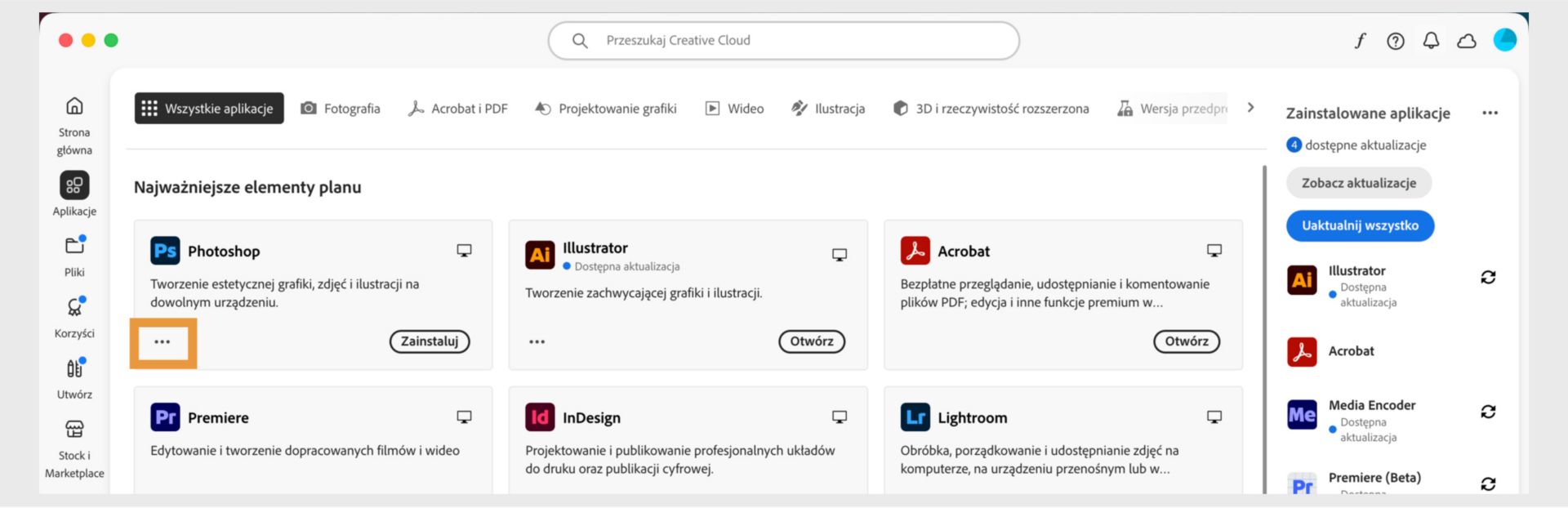 Karta Wszystkie aplikacje z widocznymi wszystkimi aplikacjami Creative Cloud i przyciskiem z trzema kropkami przy każdej aplikacji. 