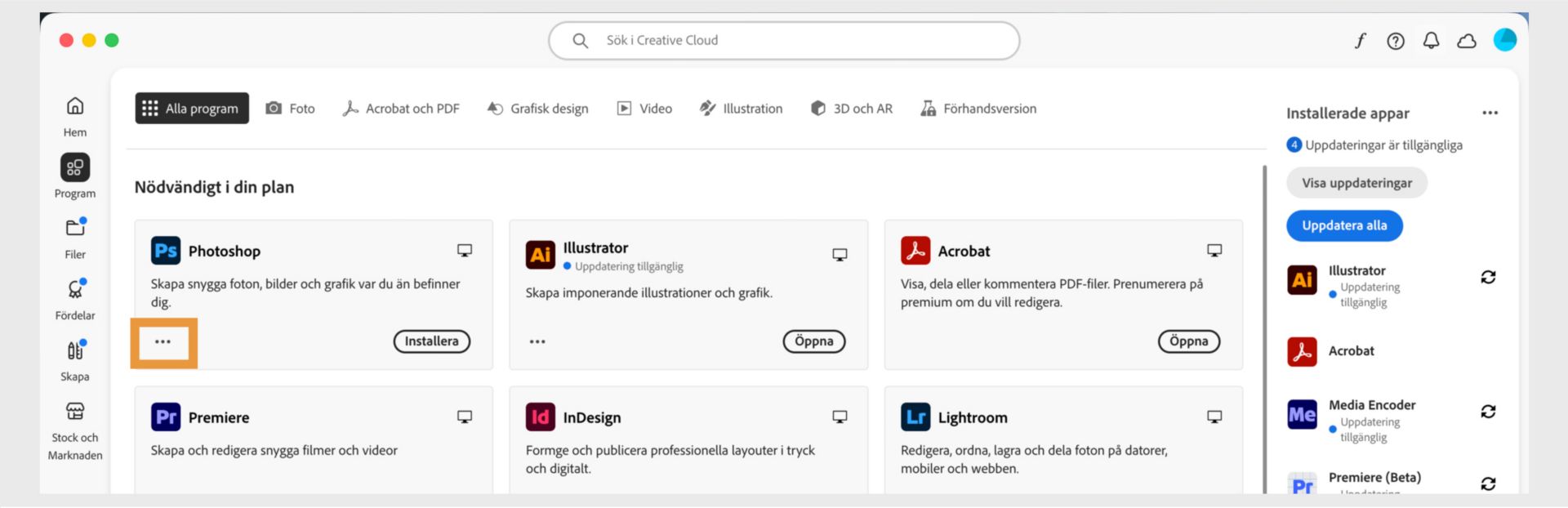 Fliken Alla program med alla Creative Cloud-appar och knappen med tre punkter för varje app. 