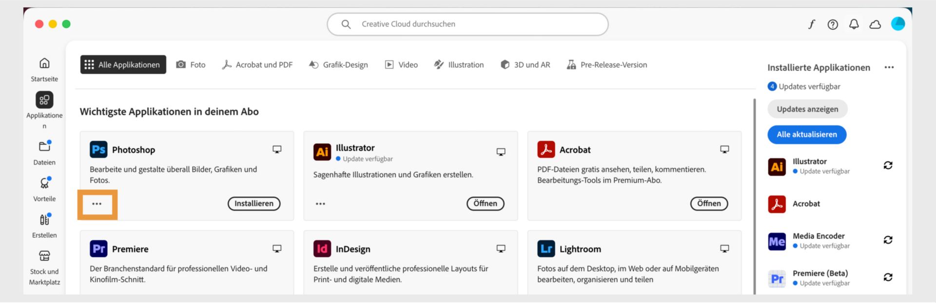 Auf der Registerkarte „Alle Applikationen“ wird für jede Creative Cloud-Applikation eine Schaltfläche mit drei Punkten angezeigt.
