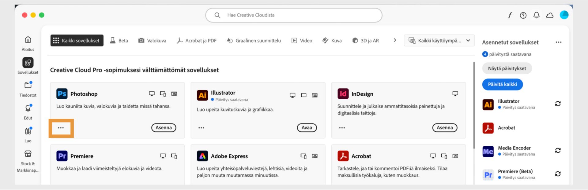 Kaikki sovellukset ‑välilehti, jossa näkyvät kaikki Creative Cloud ‑sovellukset, ja kunkin sovelluksen kohdalla on kolmen pisteen painike. 
