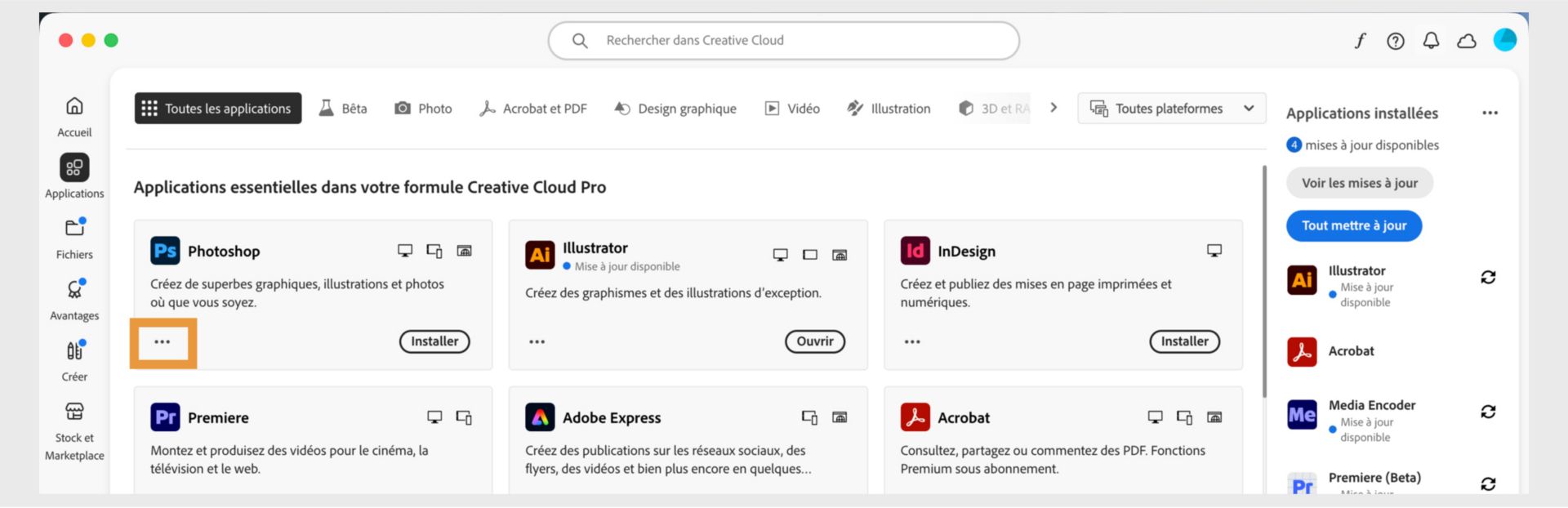 L’onglet Toutes les applications affichant toutes les applications Creative Cloud avec le bouton à trois points pour chaque application. 