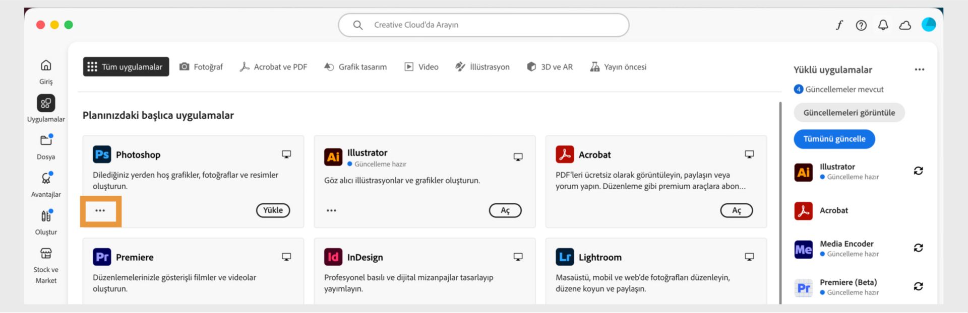 Her uygulama için üç nokta düğmesiyle tüm Creative Cloud uygulamalarının gösterildiği Tüm uygulamalar sekmesi. 