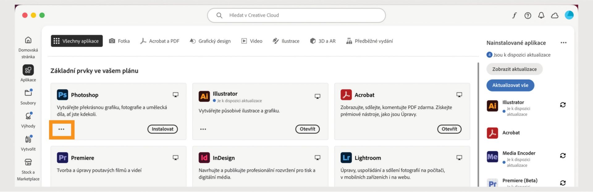 Karta Všechny aplikace zobrazující všechny aplikace Creative Cloud s tlačítkem se třemi tečkami pro každou aplikaci. 