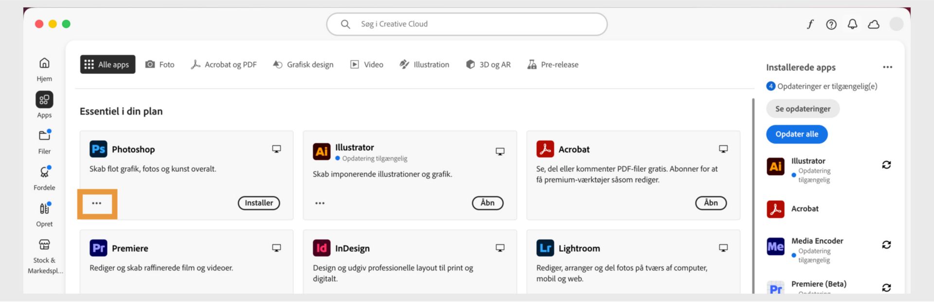 Fanen Alle apps, der vises alle Creative Cloud-apps med knappen med de tre prikker for hver app. 