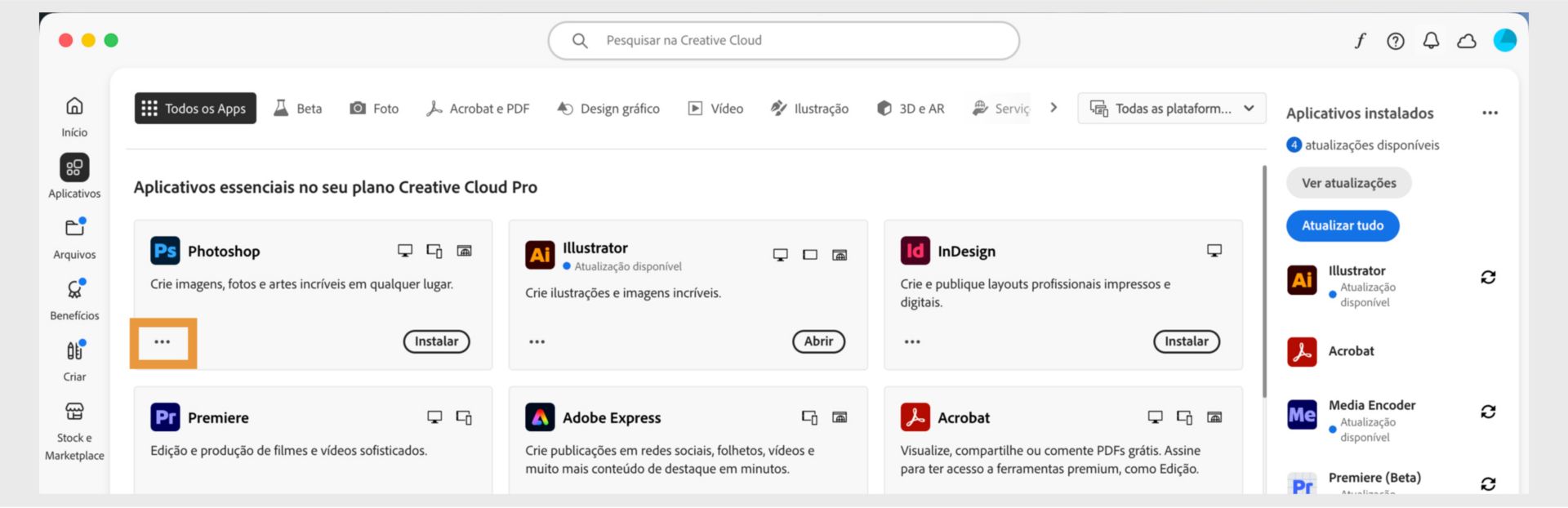 A guia Todos os aplicativos mostrando todos os aplicativos da Creative Cloud com o botão de três pontos para cada aplicativo.