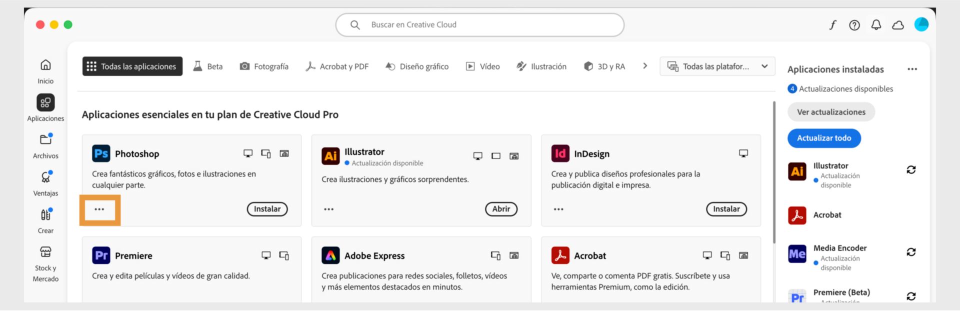 Pestaña de Todas las aplicaciones que muestra todas las aplicaciones de Creative Cloud con el botón de tres puntos para cada una de ellas. 